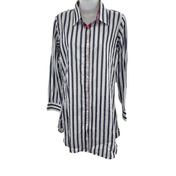 Charlotte Kellogg Stripe Shirt‎ Dress Handprinted Cotton Floral Trim Size Small - Picture 2 of 12